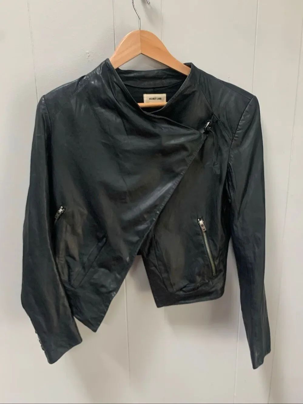 Helmut Lang Cropped Asymmetrical Black Lamb Leather Jacket Large